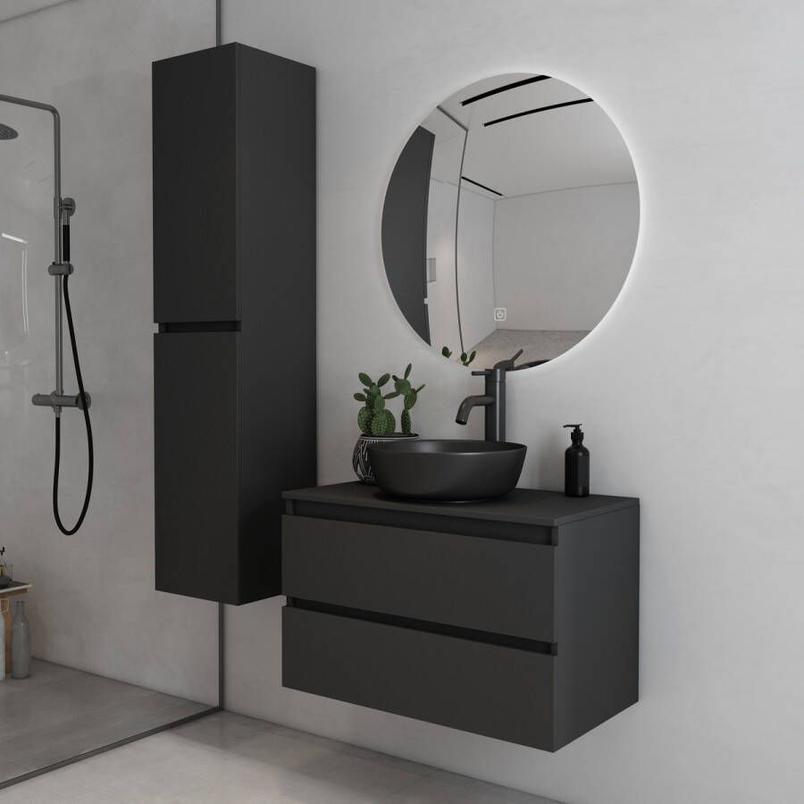 Fontana Proma badkamermeubel 80cm met zwarte waskom en LED spiegel zwart mat
