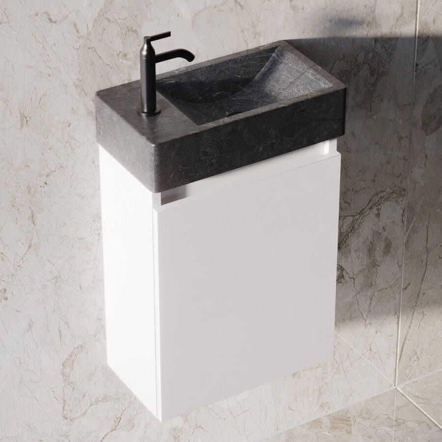 Fontana Recto toiletmeubel mat wit 40x22cm met natuurstenen fontein links