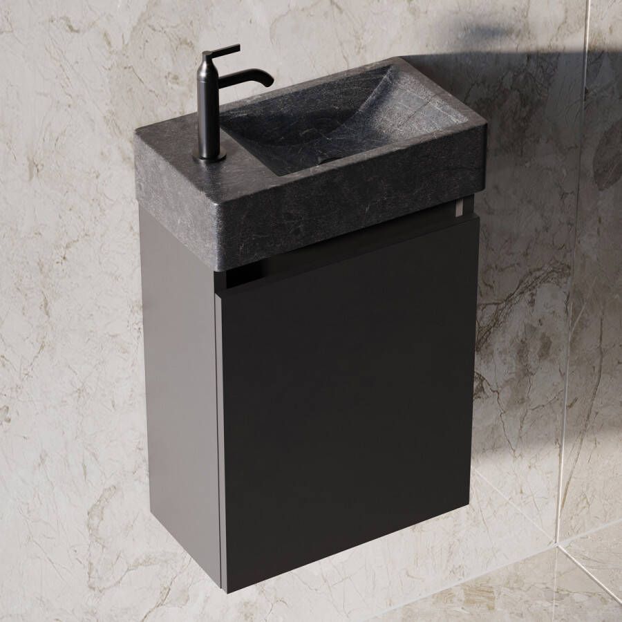Fontana Recto toiletmeubel mat zwart 40x22cm met natuurstenen fontein links