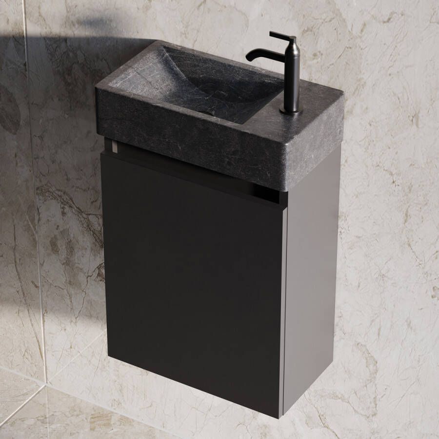 Fontana Recto toiletmeubel mat zwart 40x22cm met natuurstenen fontein rechts
