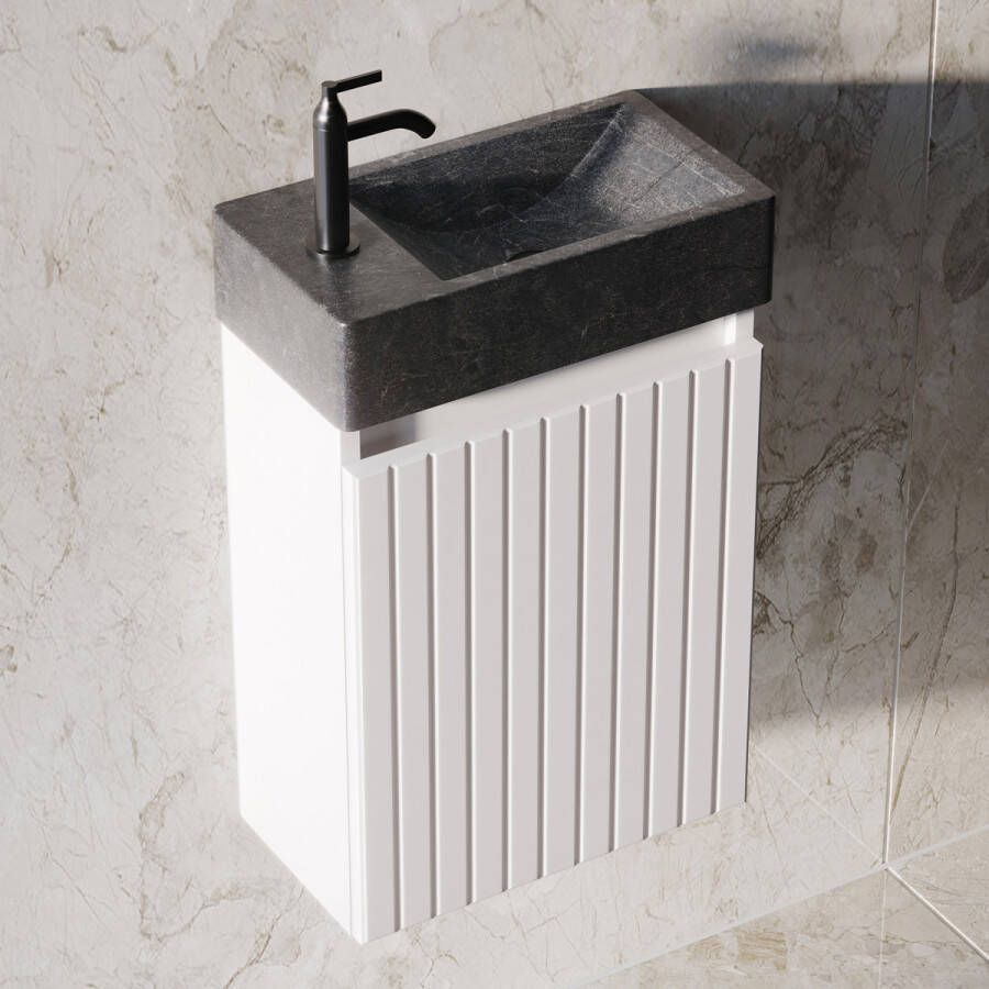 Fontana Recto toiletmeubel ribbelfront mat wit 40x22cm met natuurstenen fontein links
