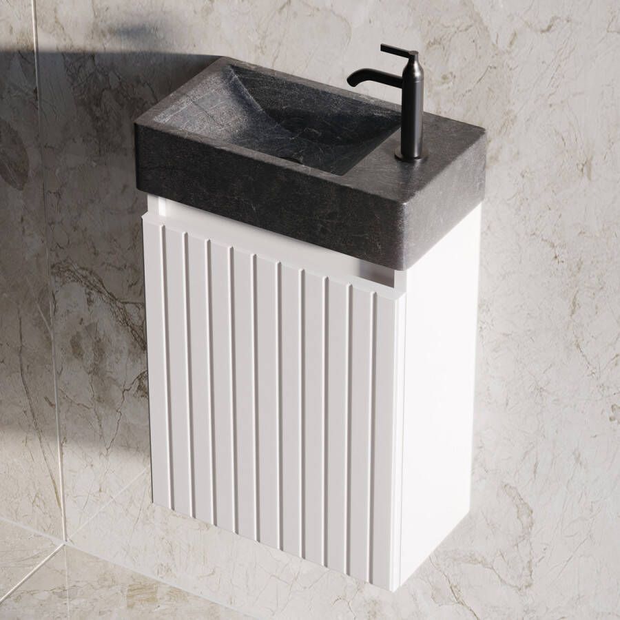 Fontana Recto toiletmeubel ribbelfront mat wit 40x22cm met natuurstenen fontein rechts