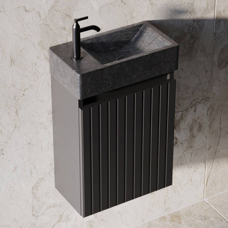 Fontana Recto toiletmeubel ribbelfront mat zwart 40x22cm met natuurstenen fontein links