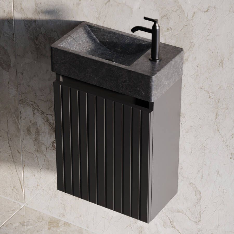 Fontana Recto toiletmeubel ribbelfront mat zwart 40x22cm met natuurstenen fontein rechts
