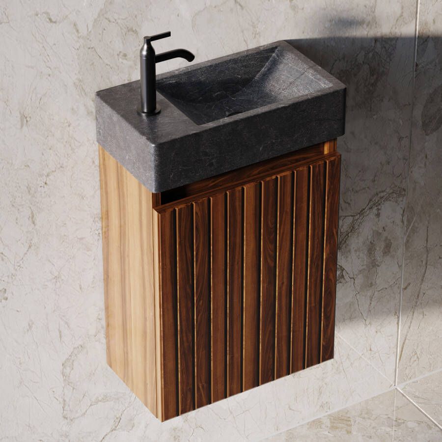 Fontana Recto toiletmeubel ribbelfront walnoot 40x22cm met natuurstenen fontein links