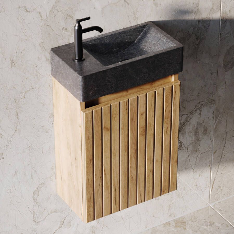 Fontana Recto toiletmeubel ribbelfront warm eiken 40x22cm met natuurstenen fontein links