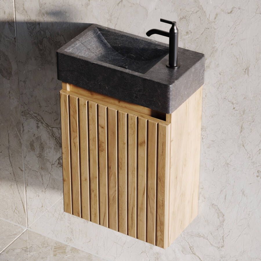 Fontana Recto toiletmeubel ribbelfront warm eiken 40x22cm met natuurstenen fontein rechts