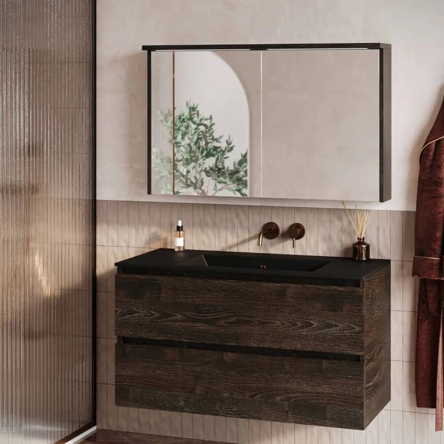 Fontana Rovigo badmeubel 100cm kasteel bruin met zwarte wastafel zonder kraangat en spiegelkast met verlichting