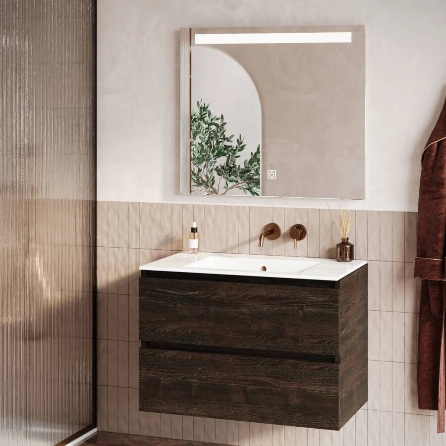 Fontana Rovigo badmeubel 80cm kasteel bruin met witte wastafel zonder kraangat en spiegel met verlichting