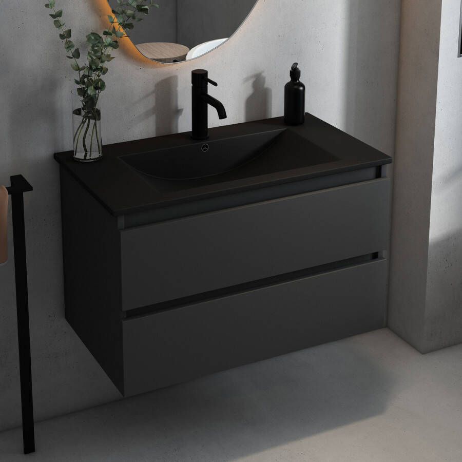 Fontana Rovigo badmeubel 80cm met zwarte wastafel en kraangat zwart mat