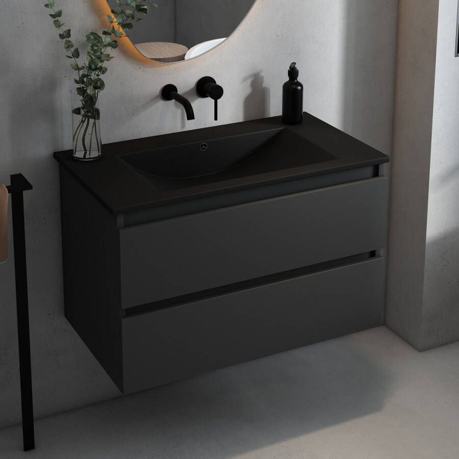 Fontana Rovigo badmeubel 80cm met zwarte wastafel zonder kraangat zwart mat