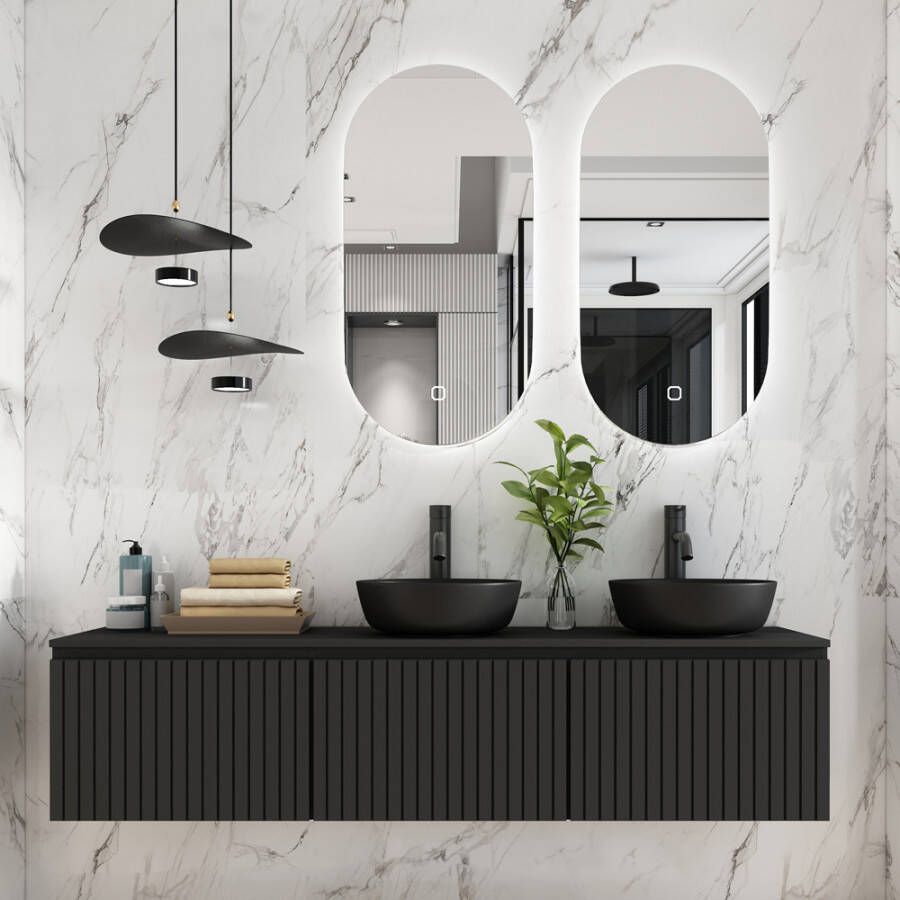 Fontana Stripe zwart badmeubel ribbelfront 180cm met zwarte waskommen en ovale LED spiegels