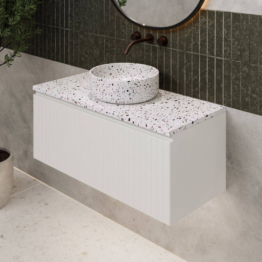 Fontana Terrazzo ribbelfront badmeubel 100cm mat wit met ronde waskom en toppaneel