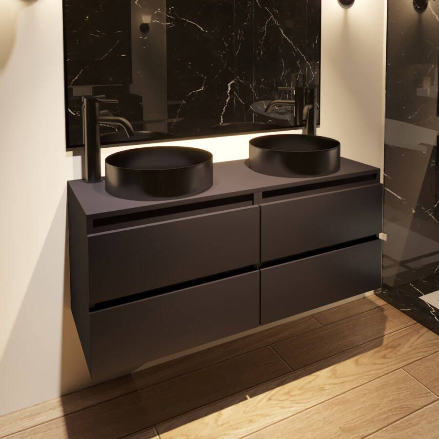 Fontana Vazano mat zwart badkamermeubel 120cm met ronde waskom gunmetal