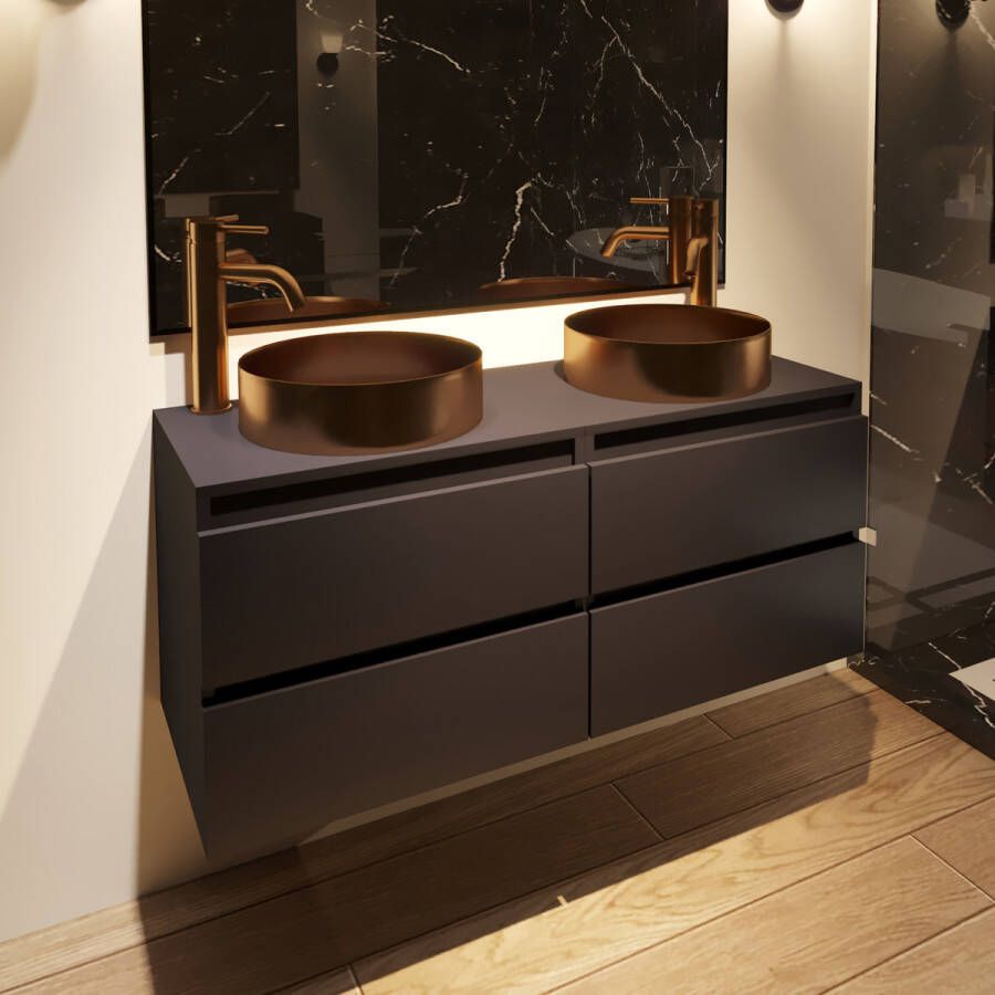 Fontana Vazano mat zwart badkamermeubel 120cm met ronde waskom mat rose goud