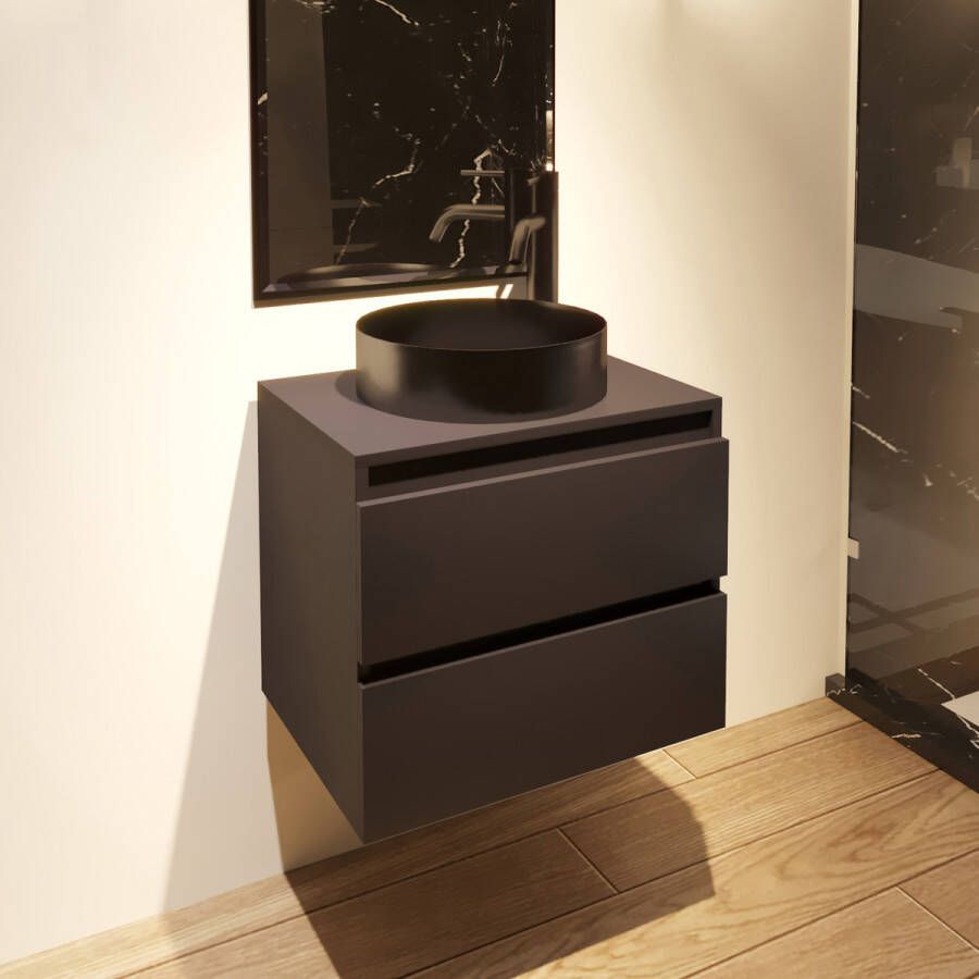 Fontana Vazano mat zwart badkamermeubel 60cm met ronde waskom gunmetal