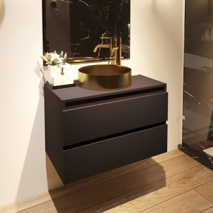 Fontana Vazano mat zwart badkamermeubel 80cm met ronde waskom mat goud
