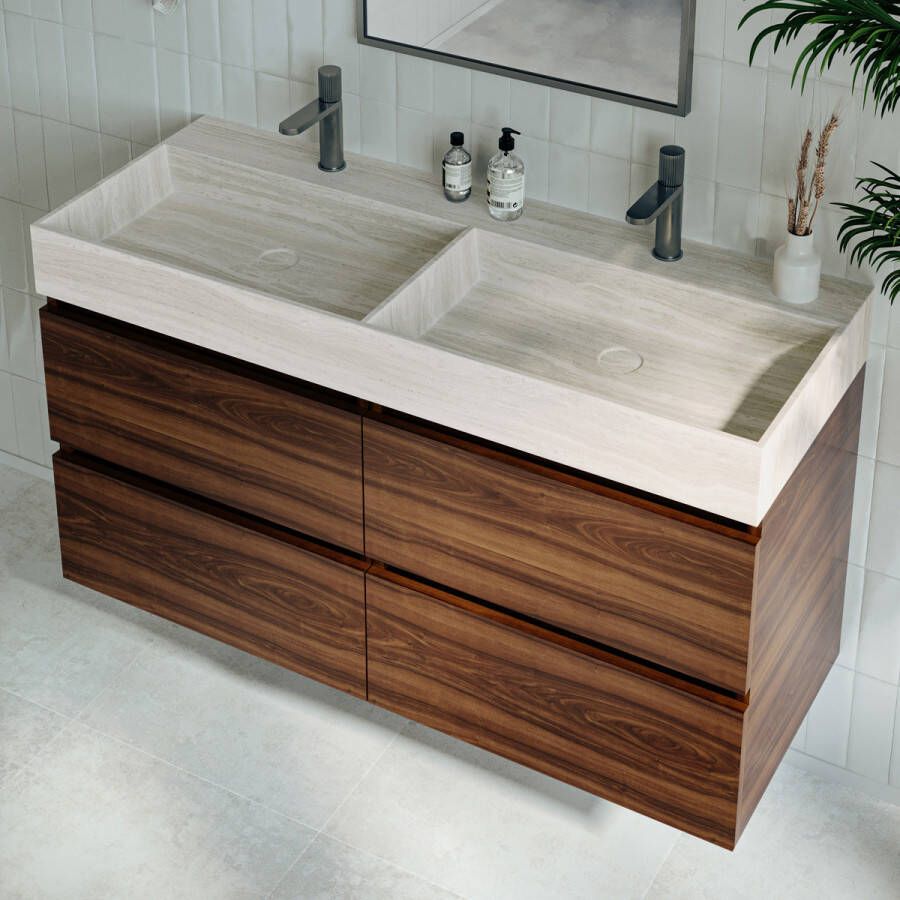 Fontana White Travertin badkamermeubel walnoot 120cm met 2 kraangaten - Foto 1