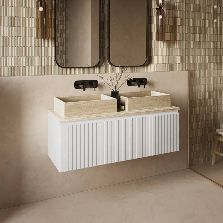 Fontana White Travertin badmeubel 120cm mat wit met ribbelfront en toppaneel met rechthoekige waskommen