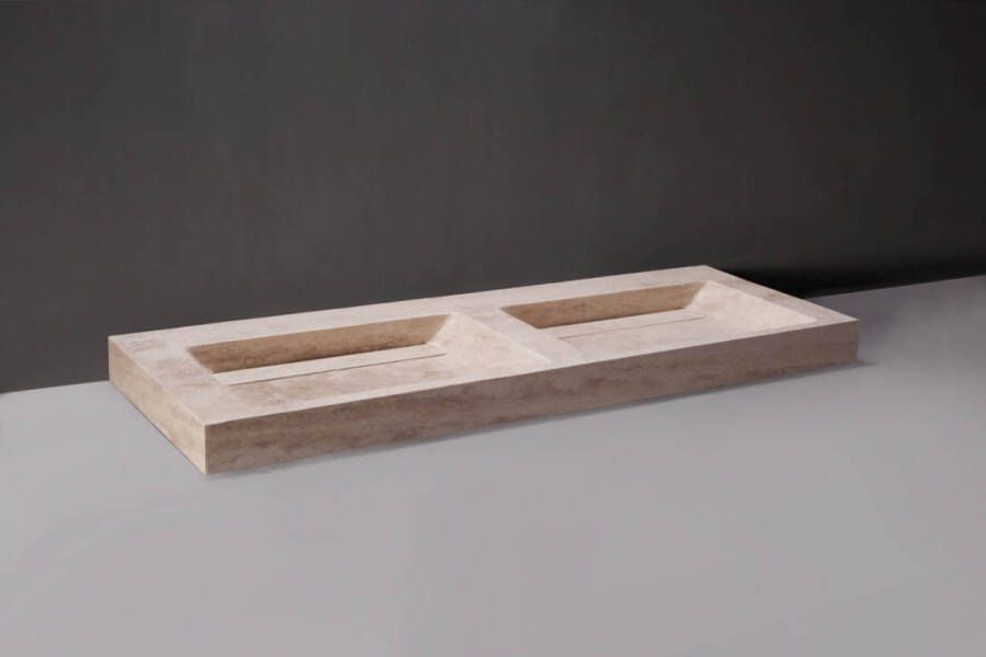Forzalaqua Bellezza Doppio wastafel 140.5x51.5x9cm Rechthoek 0 kraangaten 2 wasbakken Natuursteen Travertin gezoet 100348