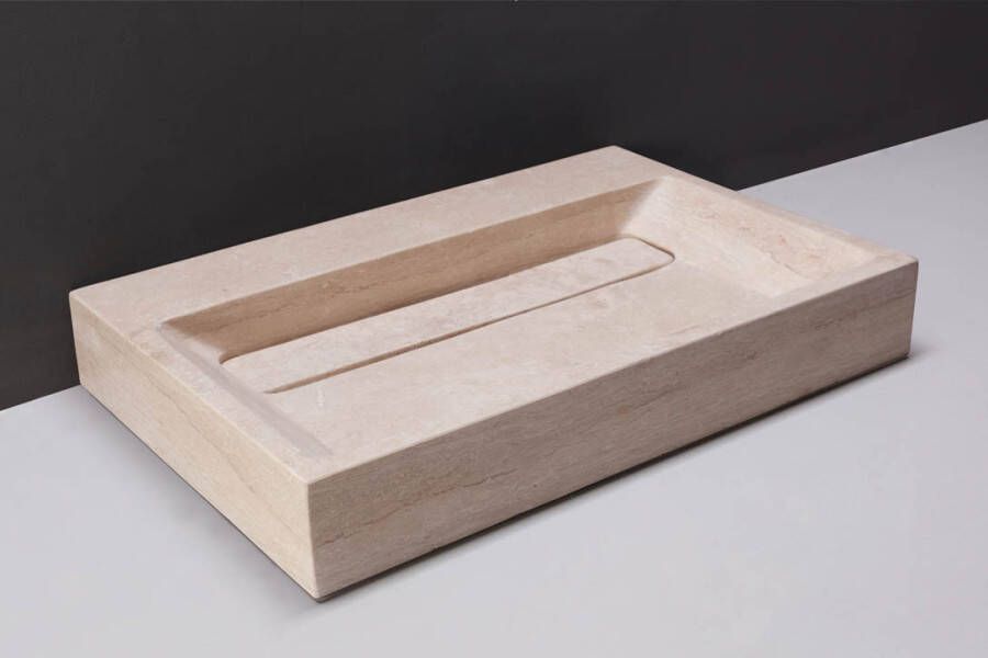 Forzalaqua Bellezza wastafel 60x40x9cm Rechthoek 1 kraangat Natuursteen Travertin gezoet 100338