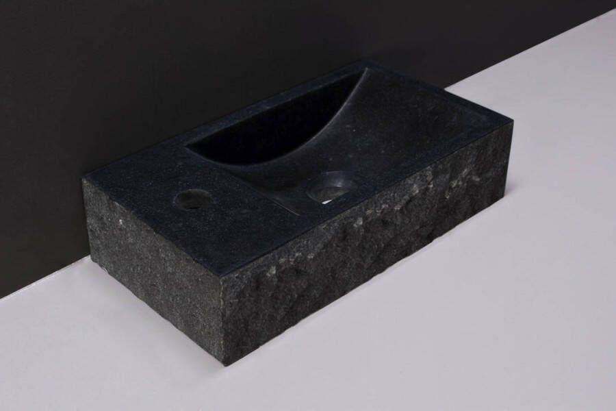 Forzalaqua Venetia fonteinbak 40x22x10cm wasbak Rechts 1 kraangat links Natuursteen Graniet gezoet & gekapt 8011210