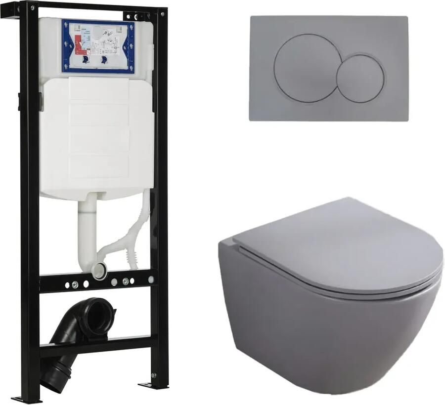 Geberit UP320 met Plieger frame toiletset met Saniclear Itsie randloos toilet grijs mat en softclose zitting