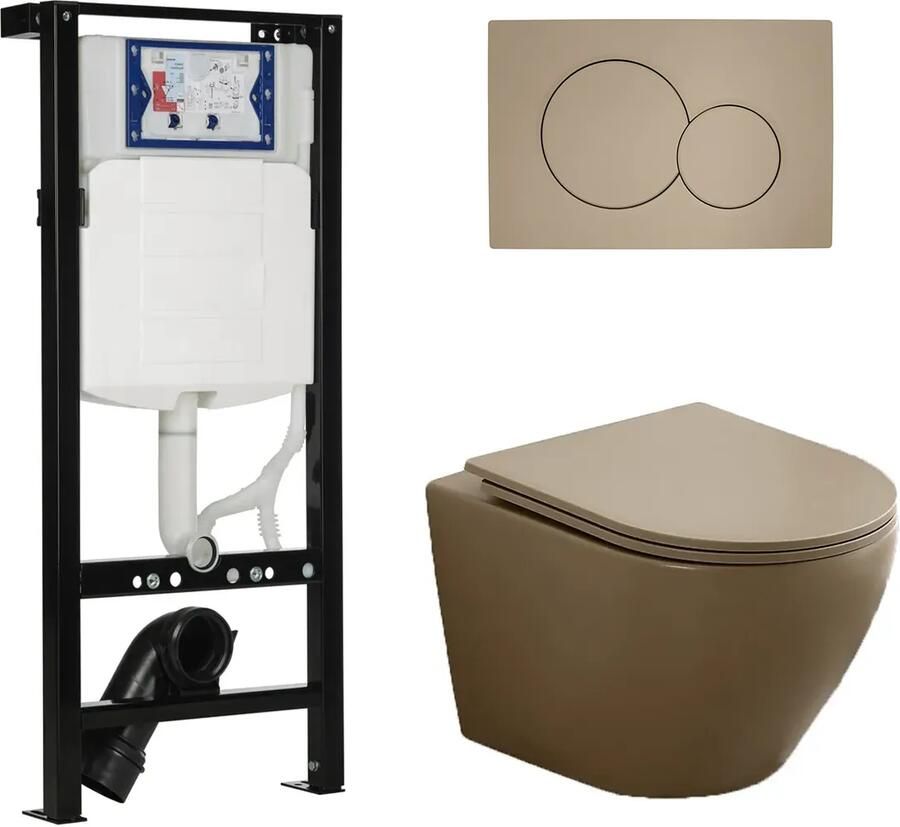 Geberit UP320 met Plieger frame toiletset met Saniclear Itsie randloos toilet taupe en softclose zitting