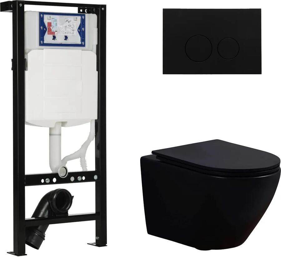 Geberit UP320 met Plieger frame toiletset met Saniclear Itsie randloos toilet zwart mat en softclose zitting