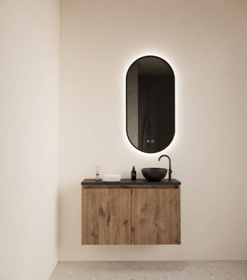 Gliss Design Echo toiletmeubel 80cm wellington oak met toppaneel zwart mat