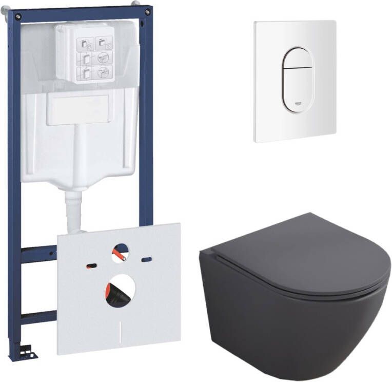 Grohe Rapid toiletset met Saniclear Itsie mat antraciete toiletpot randloos met softclose zitting