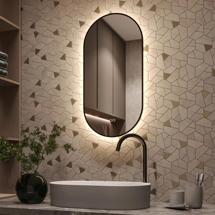 HIPP design 14900 ovaal rechte spiegel 40x90cm met indirecte LED en spiegelverwarming gunmetal geborsteld