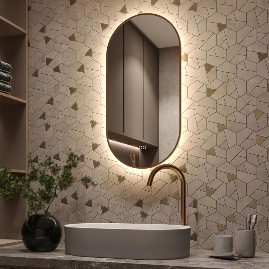 HIPP design 14900 ovaal rechte spiegel 40x90cm met indirecte LED en spiegelverwarming koper geborsteld