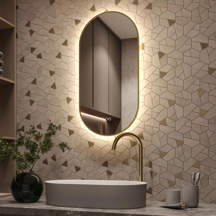 HIPP design 14900 ovaal rechte spiegel 40x90cm met indirecte LED en spiegelverwarming messing geborsteld