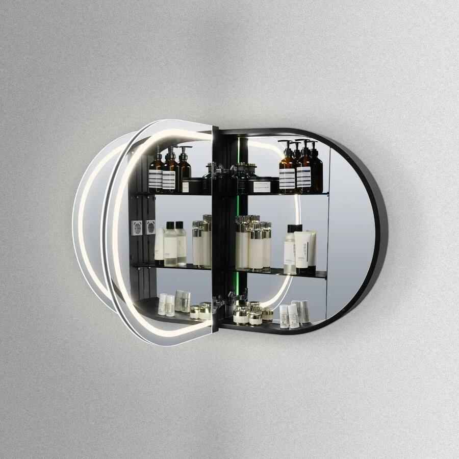 HIPP design 91000 ovale spiegelkast mat zwart met verlichting en verwarming 120x70cm