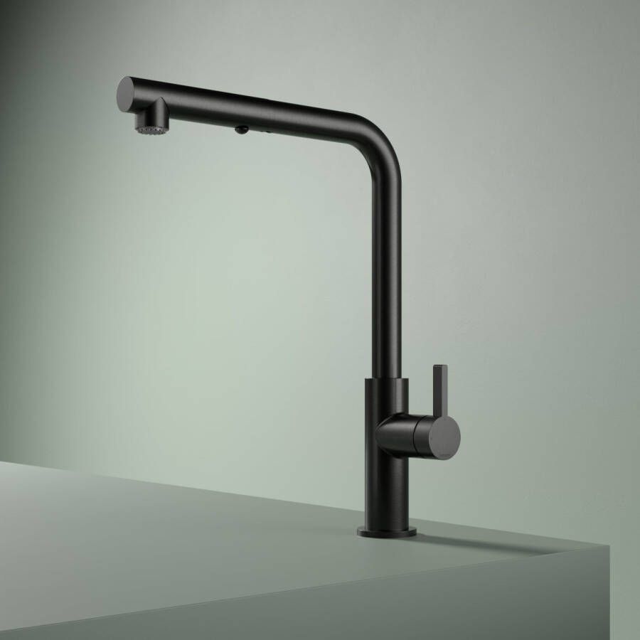 Hotbath Keukenmengkraan Ace met draaibare uitloop en uittrekbare duo-spray handdouche Geborsteld Zwart PVD