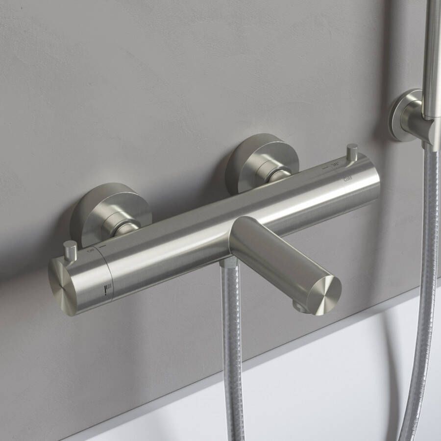 Douche Concurrent Badkraan Hotbath Archie 15cm Hartafstand Thermostatisch Opbouw Geborsteld RVS 2 Greeps