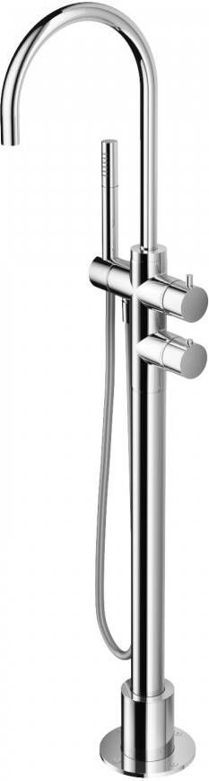 Hotbath Buddy vrijstaande thermostatische badkraan met omstelling voorzien van staafhanddouche en douchslang 113 cm geborsteld nikkel