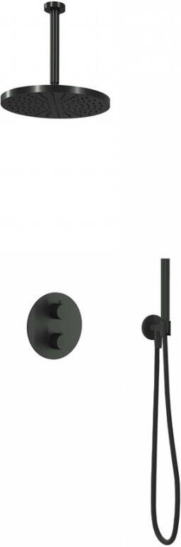 Hotbath Cobber IBS 20A inbouw doucheset mat zwart met staafhanddouche 30cm hoofddouche met plafondbuis 30cm wandsteun met uitlaat