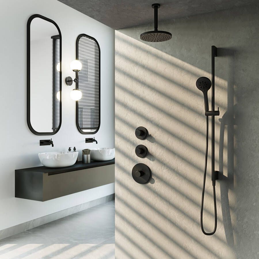 Hotbath Cobber IBS20 Regendoucheset inbouw 15cm plafondarm 20cm ronde hoofddouche 3 standen handdouche glijstang mat zwart IBS20BL127