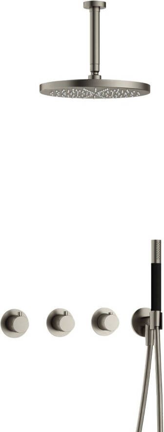 Hotbath Cobber complete thermostatische douche inbouwset cobber 70 met 2 stopkranen met plafondbuis 15 cm en 30 cm hoofddouche geborsteld nikkel