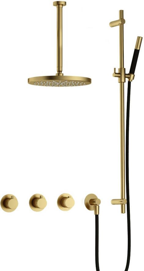 Hotbath Cobber IBS70 complete thermostatische douche inbouwset met 2 stopkranen met 30cm plafondarm 30cm ronde hoofddouche staafhanddouche met glijstang messing geborsteld IBS70BB357