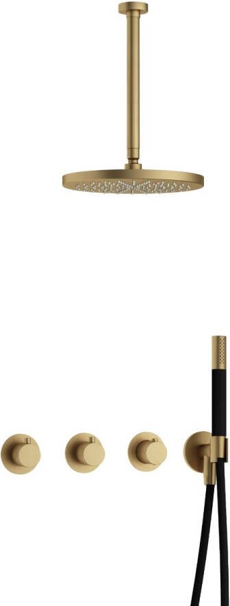 Hotbath Cobber complete thermostatische douche inbouwset cobber 70 met 2 stopkranen met plafondbuis 30 cm en 30 cm hoofddouche geborsteld messing - Foto 1