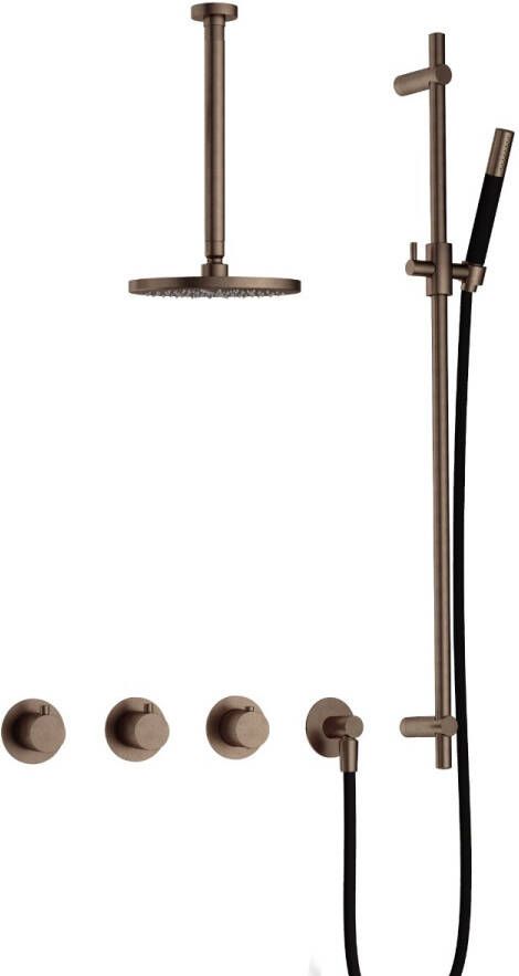 Hotbath Cobber complete thermostatische douche inbouwset cobber 70 met 2 stopkranen met plafondbuis 30 cm en glijstang verouderd messing