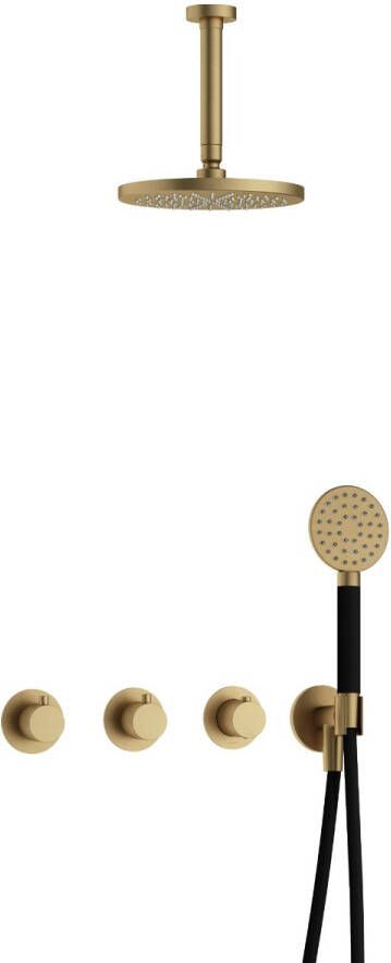 Hotbath Cobber complete thermostatische douche inbouwset cobber 70 met 2 stopkranen met ronde handdouche en plafondbuis 15 cm geborsteld messing