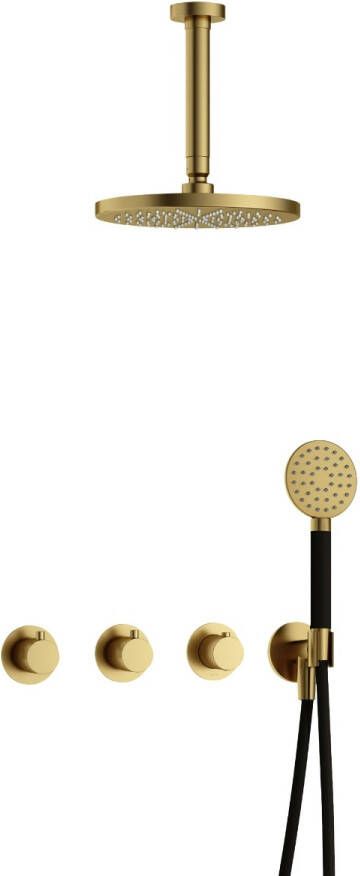 Hotbath Cobber IBS70 complete thermostatische douche inbouwset met 2 stopkranen met 15cm plafondarm 20cm ronde hoofddouche 3 standen ronde handdouche messing geborsteld PVD IBS70BBP12