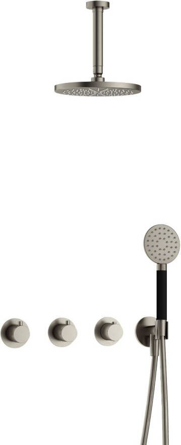 Hotbath Cobber complete thermostatische douche inbouwset cobber 70 met 2 stopkranen met ronde handdouche en plafondbuis 15 cm geborsteld nikkel