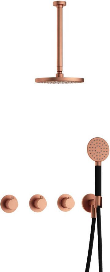 Hotbath Cobber complete thermostatische douche inbouwset cobber 70 met 2 stopkranen met ronde handdouche en plafondbuis 30 cm geborsteld koper