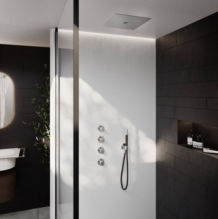 Hotbath Cobber IBS27 thermostatische douche InBouwSet met 3 stopkranen staafhanddouche vierkante hoofddouche 38cm met glijstang Chroom