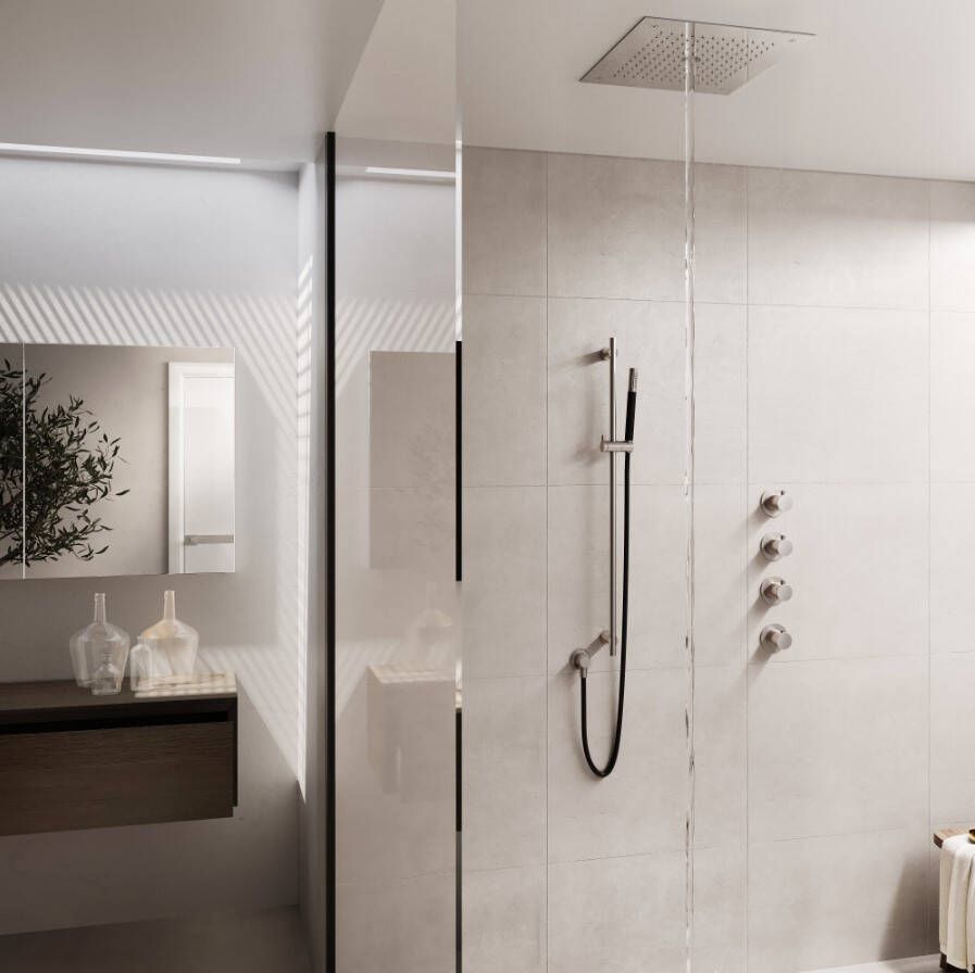Hotbath Cobber IBS27 thermostatische douche InBouwSet met 3 stopkranen staafhanddouche vierkante hoofddouche 38cm glijstang Mat Zwart